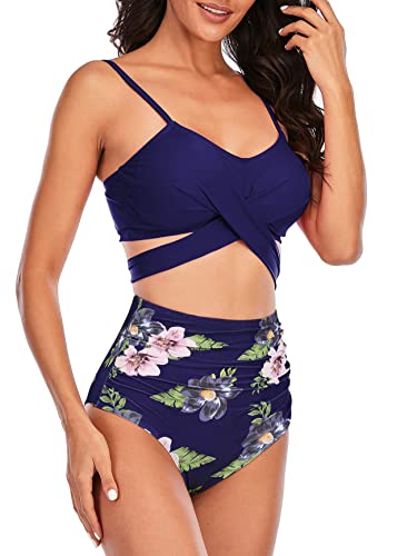 Image of Women Bikini Sets High Waisted Swimsuit String Halter Bathing Suits for Women Two Piece Swimwear, Navy Floral Print, 10-12