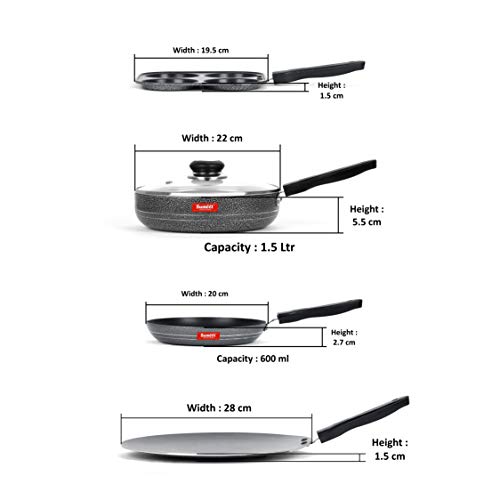 Image of Sumeet NonStick Musta Cookware Set (Mini Multi Snack Maker - 4 Cavity -19.5cm + Frypan with Glass Lid - 1.5Ltr - 22Cm Dia + Tapper pan - 0.6Ltr - 20Cm Dia + Conceve /Roti Tawa - 28Cm Dia)