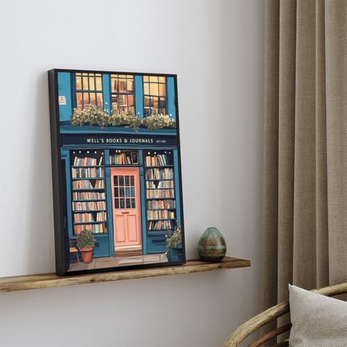 Image of Book Canvas Wall Art, Antique Book Shop Room Aesthetic Poster, Bookish Reading Art Print, Literature Art Picture for Home Library Reading Nook Wall Decor 12x16in Framed