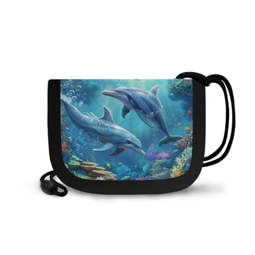 Ocean Dolphin Kids Wallet for Girls Ages 8-10 Lightweight Bifold Purse with Neck Rope Secure Coin Pouch Card Holders for Daily Use