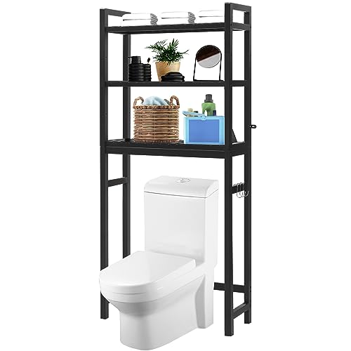 HITOMEN Over The Toilet Storage Cabinet, Bamboo Adjustable 3-Tier Above Toilet Shelf, Stable Freestanding Above Toilet Organizer with 3 Hooks for Bathroom Restroom Laundry Balcony, Black 67