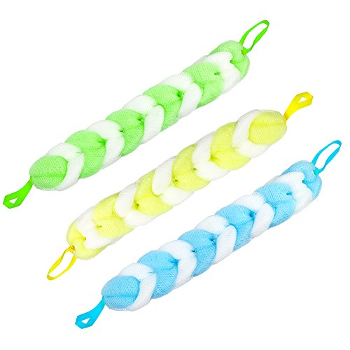 Set of 3 – High Quality Mesh Back Shower Scrubbing Strap Sponge / Exfoliation Body Puffs / Bath Body Cleaning Scrubbers (Colors may Vary)