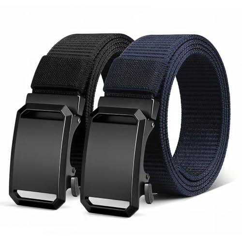 La Mejor Selección de Cinturones los mejores 5. 42 SYMENGO Cinturón Hombre 2PCS,cinturón de trinquete de nailon,Cinturones para hombre Casual,cinturones de golf,cinturón táctico,hebilla automática ajustable,negro y azul oscuro