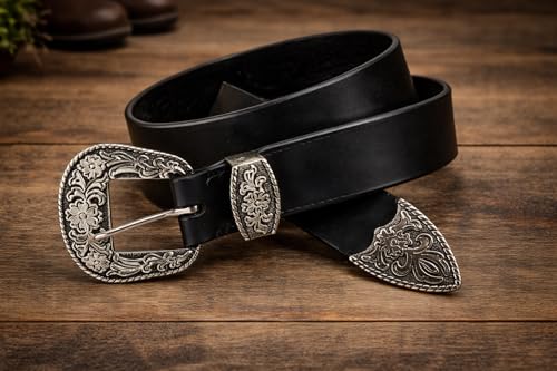 Image of Men's Genuine Leather Belt with Vintage Engraved 38mm (1.5 inch) Zinc Alloy Buckle | Premium Black /Brown Leather Belt for Jeans & Casual Wear
