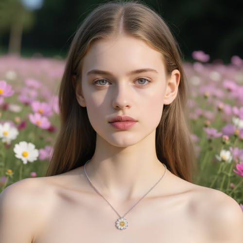 Reffeer Solid 925 Sterling Silver Flower Daisy Necklace Pendant for Women Teen Girls Flower Choker Necklace3