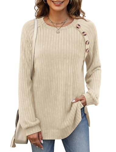 Image of Bofell Long Sleeve Shirts for Women Lightweight Button Decor Tunic Tops Side Split