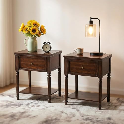 Image of Solid Wood Nightstands Set of 2 with Drawer, Farmhouse End Table Sofa Side Table with Storage Shelves, Real Wood Beside Table Accent Table for Small Spaces, Living Room, Easy Assembly (Walnut)
