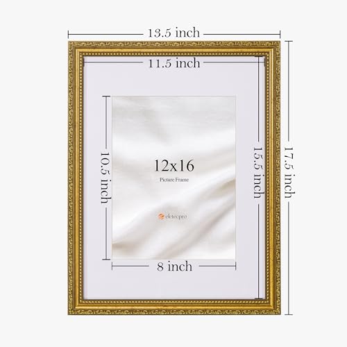 Image of eletecpro 12x16 Vintage Picture Frame, Glass Cover, Gold, 2-Pack | Display Photo 8.5x11 with Mat or 12x16 without, Horizontal or Vertical, Wall Mount