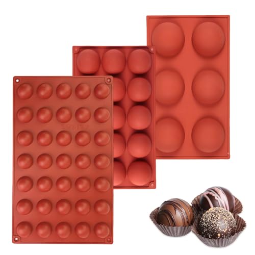 JAONLD 3 Pcs Semi Sphere Silicone Mold Chocolate Molds Non Stick Half Sphere Silicone Moulds Baking Molds for Making Chocolate, Cake, Jelly, Dome Mousse(6-Cavity, 15-Cavity, 35-Cavity)