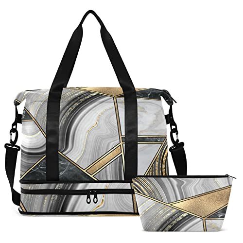 Geometrical Marble Mosaic Artificial Stone Green Marbled Tile Gym Duffel Bag, Polyester Travel Weekender Luggage Handbag with Waterproof Pocket for Wet Items, Unisex Foldable Tote for Sports2