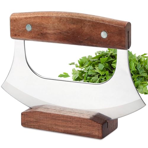 KAYCROWN Ulu Knife, Sharp Rocker Mezzaluna Knife with Wooden Stand,