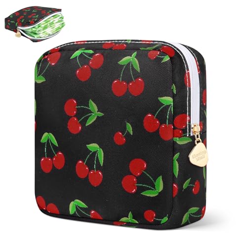 Image of Sanitary Pad Storage Bag Portable Period Bag for Teen Pads /Sanitary Napkins /Small Tampons, Sanitary Napkin Storage Bag First Period Gifts for Teen Girls (Red Cherries)