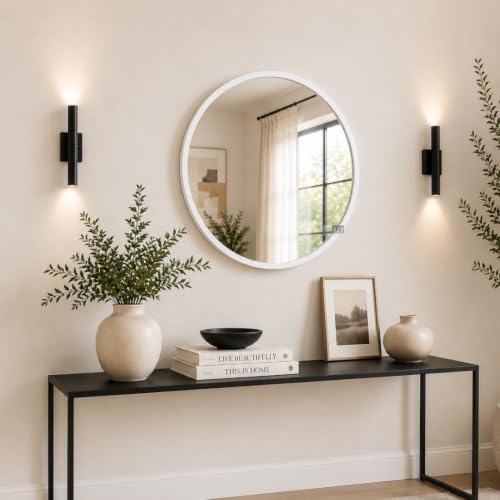 Image of Round Wall Mirror in Gold I Metal Frame Mirror I Modern Design Metal Frame Mirror in Medium Size I Bathroom Wash Basin, Bedroom, Drawing Room (White 18 inch)