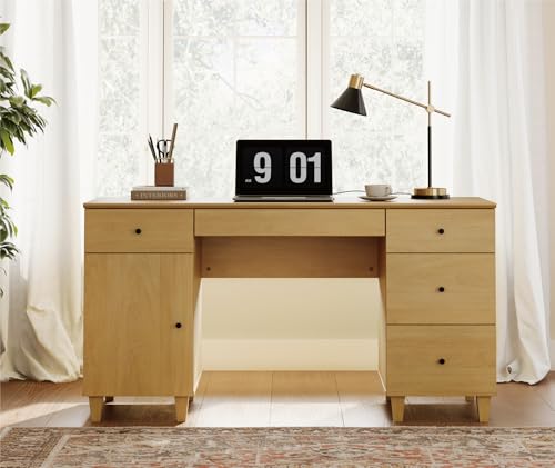 Image of WAMPAT 58 Inch Wood Desk with Drawers, Cabinet, Charging Station, Oak | Modern Executive Desk with Keyboard Storage Drawer, Home Office Large Wooden Computer Desk, Work & Study Writing Desk