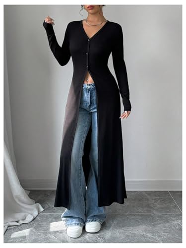 WDIRARA Women's Button Down Long Cardigan V Neck Slit Ribbed Knit Sweater Casual Going Out Tops3