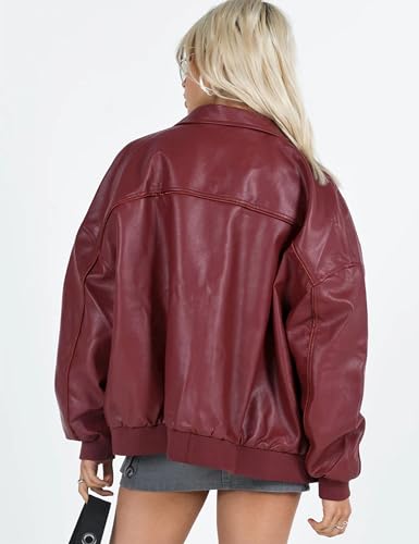 EsheSy Women's Oversized Leather Jacket Faux Suede Boyfriend Motorcycle Full Zip Bomber Jacket4