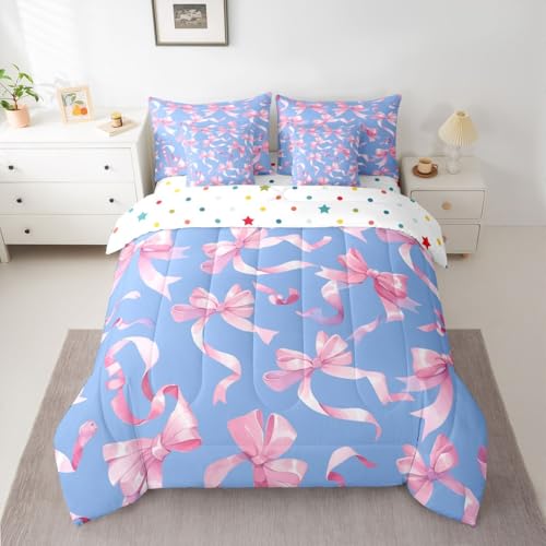 Image of Princess Bow Full Size Bed Sheets and Comforter Set | Kawaii Bow Tie 7 Piece Bedding Set Pink Bowknot Bed in a Bag, Dreamy Ribbon Bow-Tie Room Decor,Blue
