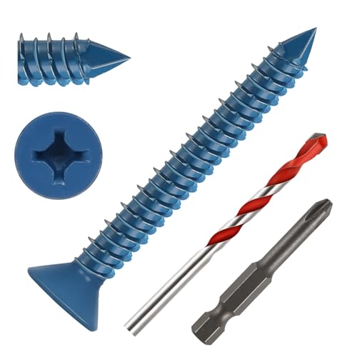 1/4" x 2" Concrete Screws, 50 PCS Blue Flat Head Concrete Screws Anchor Kit for Masonry, Cement, Block, Brick or Stucco