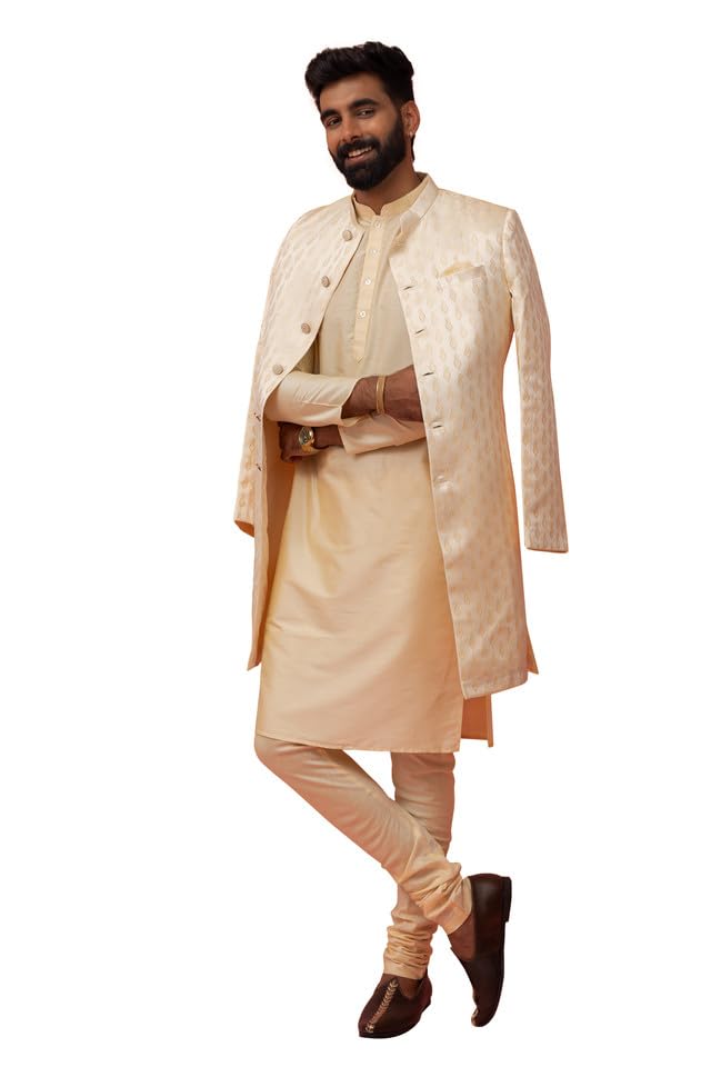 Men's Cream Kurta Indo Western Churidar Set Silk Blend Jacquard Full Sleaves, Knee Length, Straight Regular Fit Ethnic-image-29