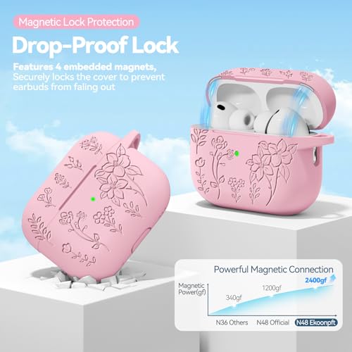 Image of for Airpods Pro 3 Case with Magnetic Lid, Flower Engraved Case Cover Compatible with AirPods Pro 3rd Generation 2025, Soft Silicone Cases with Keychain & Cleaner for Women Girly, Shockproof