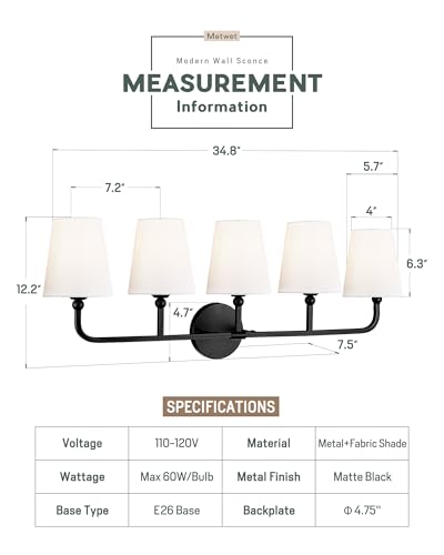 Image of Bathroom Light Fixtures, 5 Light Matte Black Vanity Lights with Flared White Fabric Shade, 35 Inch Wall Sconce, Modern Sconces Wall Lighting for Hallway Bedroom, VL837-MB-5