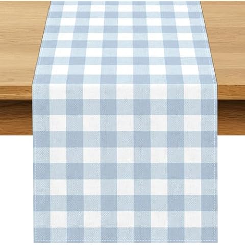 Buxiuer Dusty Blue Gingham Table Runner Cover