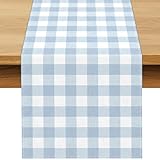 Buxiuer Dusty Blue Gingham Table Runner Light Blue Checkered Boy Girl Baby Shower Birthday Party Decoration Home Dining Kitchen Island Decor (13' x 72')