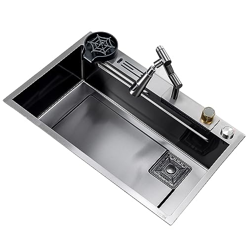YADZISW Cocina con pantalla digital inteligente robot grifo grande individual 304 acero inoxidable Nano Raindance caja portacuchillos (Color : A, tamaño 75 x 46 cm)