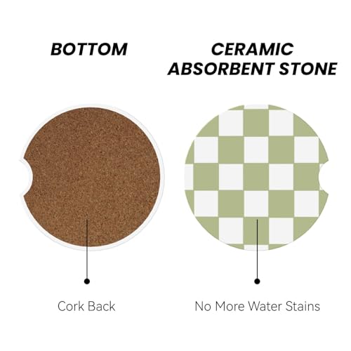 Image of Green White Checkered Buffalo Plaid Car Coasters for Cup Holder - Absorbent Ceramic 2 Pack With Anti-Slip Cork Base and Finger Notch - Interior Accessories for Women Men 2.56 inch