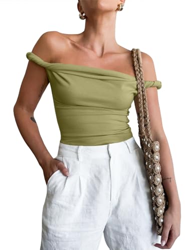 Tankaneo Womens Off The Shoulder Top Sleeveless Slim Fit Stretchy Tank Top Y2k Casual T Shirts