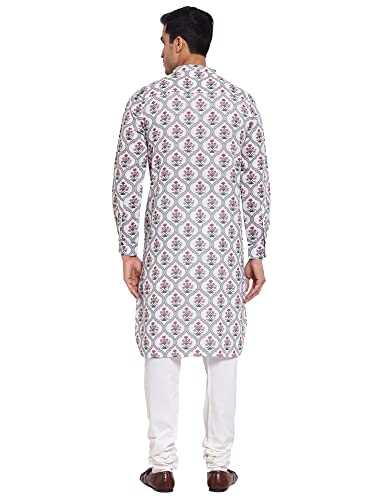 Image of Style Quotient Men Off White Floral Printed Thread Work Kurta