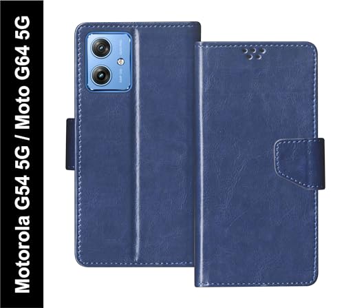 Image of SBMS Flip Cover for Motorola Moto G64 5G / G54 5G Back Cover Case with Magnatic Closure | Inbuilt Stand | Card & Money Pocket (Blue)