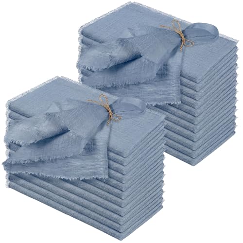 Preboun 24 Pcs Fringe Napkins Bulk Cloth Cotton Soft 17 x 17 Inch Rustic Reusable Washable Festive Square Table Napkins with Fringe for Parties Wedding Restaurant Table Accessory(Blue)