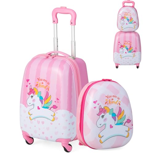 SOARS Juego de Maletas de Viaje Cabina para Niños, Juego Maletas de Viaje, 16' Maleta con Ruedas + 12' Mochila Infantil con Asa y Correas Ajustables, Individual Maleta Pequeña para Niños (Unicornio)