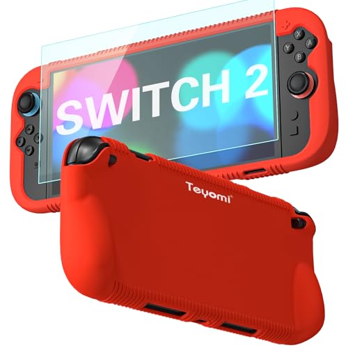 Teyomi Funda Protectora de Silicona Compatible con Nintendo Switch 2, Carcasa para Nintendo Switch 2 con Protector de Pantalla de Vidrio Templado, Estuche con Agarre ergonómico (Rojo)