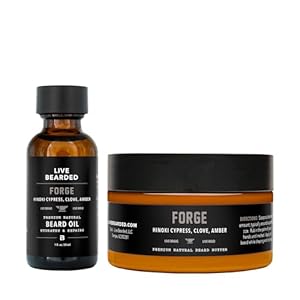 Live Bearded Beard Oil and Butter Grooming Kit – Made in the USA – All-Natural Ingredients with Shea, Argan, Jojoba – Growth Support | Forge Scent – Hinoki Cypress, Clove, Amber