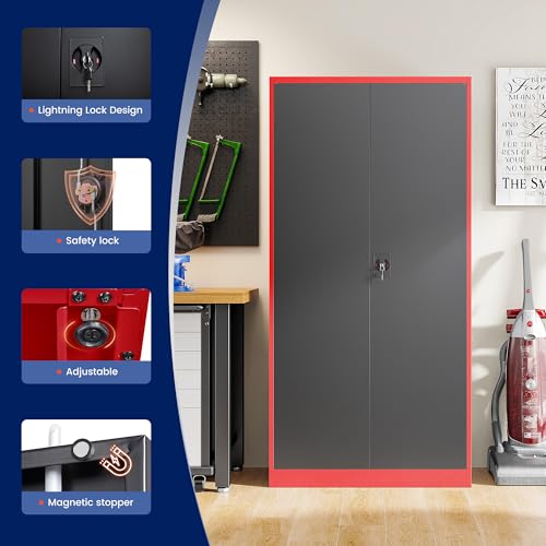 Image of Yizosh Metal Garage Storage Cabinet with Lock Doors and 4 Shelves,-72 inch Steel Heavy Duty Tool Cabinet for Garage, Office,School (Red Black)