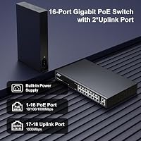 18 Port Gigabit PoE Switch with 16 Port PoE+ 1000Mbps, 2x1000Mbps Uplink, GiGaPlus 18 Port IEEE802.3af/at PoE @250W, Support VLAN, Metal Housing, Desktop or Wall-Mount, Plug & Play – Ansicht 2