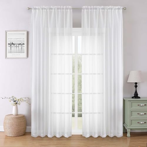 Lecloud White Sheer Curtains 90 Inches Long 2 Panels, Light Filtering Airy Voile Curtain Drapes, Extra Wide Elegant Window Treatments for Living Room Bedroom with Dual Rod Pocket, 59" W x 90" L
