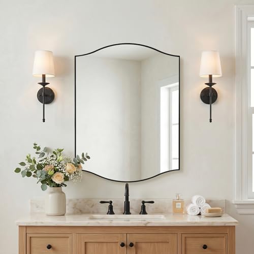 Image of ANDY STAR Scalloped Bathroom Mirror,24 inchx32 inch Black Rectangle Wall Mirror with Curved Edge Stainless Steel Metal Frame, Irregular Vanity Wall-Mounted Mirror for Bathroom, Entryway