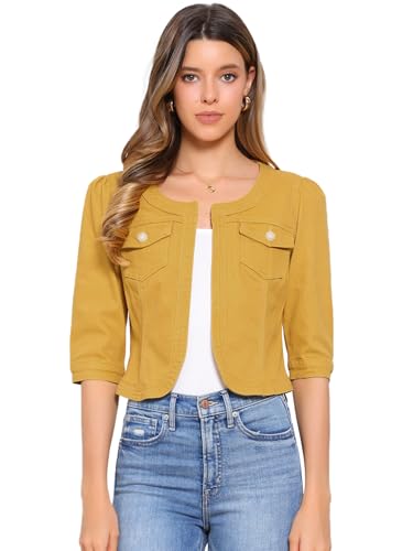 Allegra K Chaqueta Cortas Mezclilla Para Mujer Sin Cuello De Manga 3/4 Cárdigan Vaquero Frente Abierto Amarillo brillante S
