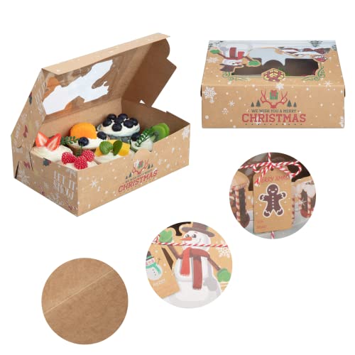 12 Pack Christmas Cookie Boxes, Foldable Treat Box with Window, for Pastries, Cupcakes, Candy and Gift Giving, Food Grade Kraft Bakery Boxes, Reindeer Santa Cookie Boxes, Style A
