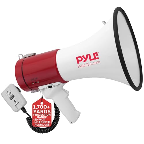 Pyle Megaphone Speaker PA Bullhorn - with Built-in Siren 50 Watts Adjustable Volume Control & Record Function - Ideal for Football, Baseball, Cheerleading Fans, Coaches or for Safety Drills PMP58U