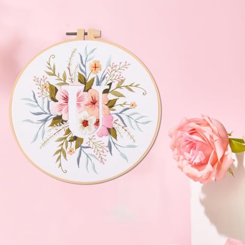 Image of IUHUI Embroidery Kit for Beginners Adults - 26 Floral Letters Easy Patterns, DIY Hand Stitching Embroidery Set with Hoop (Flower and Grass Letter U)