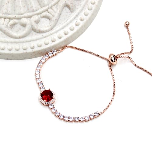 Image of Rose Plated Gold Brass Box Chain Cubic Zirconia Classic Tennis Slider Adjustable Bracelet, Round Big Zircon Charm Give Woman Mom Mother's Day Fashion Crystal Gift