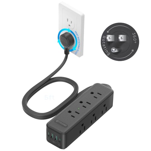 Image of TROND 360 Rotating Flat Plug Power Strip 5ft with USB PD 20W, 9 AC, Black | Flat Extension Cord Surge Protector 1300J, 1625W, Wall Mountable, for Home Office Travel Dorm Room Essentials