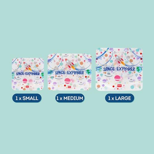 Legami Set mit 3 Lebensmittelbeuteln, 3 verschiedene Größen S, M, L, wiederverschließbar, wiederverwendbar, spülmaschinenfest, praktische Snack-Taschen, Space
