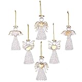 MAFAGE Christmas Angel Ornaments Set, 12 PCS Spun Glass Ornaments with Star/Heart/Praying Hands, Clear Angel Figurine Christmas Tree Pendants for Xmas Season Decor