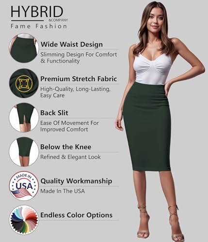 Image of Hybrid & Company Women's Premium Nylon Ponte Stretch High Waist Pencil Suit Skirt Below Knee