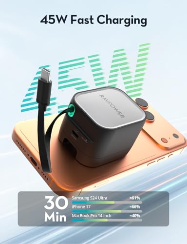 Image of RAVPower 45W GaN PD Fast Charger with Retractable Type-C Cable | 2-Port Wall Adapter (2 USB-C)| Foldable Pin Travel Charger for iPhone, Samsung,Vivo,Oppo,iPad, MacBook & Type C Laptop